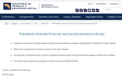 El gobierno de Carlos Alvarado Quesada (2018-2022) firmó una ley para recortar las pensiones de lujo. Captura de pantalla/Archivo