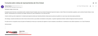 Correo enviado a Presidencia el lunes 13 de diciembre.