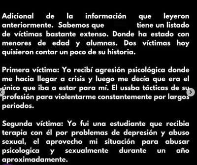 Denuncia de jóvenes en redes sociales contra el psicólogo.
