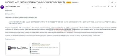 Correo remitido por el MEP al Sistema Nacional de Colegios Científicos.