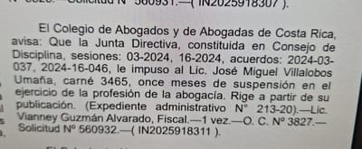 Colegio suspende del ejercicio de la profesión a José Miguel Villalobos, abogado de Chaves