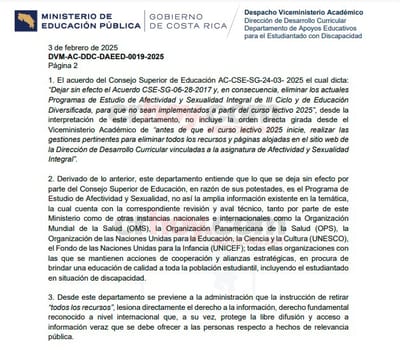 Documento enviado por los 11 asesores nacionales de Apoyos Educativos del MEP y la jefa de dicho departamento, Danae Espinoza, a la directora de Desarrollo Curricular, Karolina Artavia.