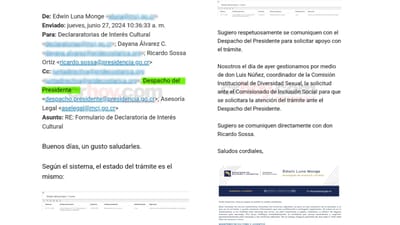 Comunicación emitida por funcionario del Ministerio de Cultura a organizadores del Pride donde se cita trámite pendiente a lo interno del despacho de Chaves. CRH