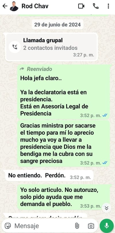 Mensaje entre Sossa y Chaves posterior a la comunicación de despido. Chaves alegó desconocer la explicación dada por el entonces comisionado. CRH