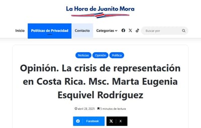Marta Esquivel, ministra de Planificación e imputada en el caso Barrenador, publicó un artículo de opinión este 28 de abril en La Hora de Juanito Mora. Captura de pantalla