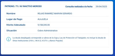 Rojas Ramírez aparece con esta deuda ante la CCSS. Captura de pantalla/CCSS