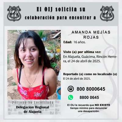 Estudiante de Alajuela suma 6 días desaparecida; reportes indican que estaría en Siquirres