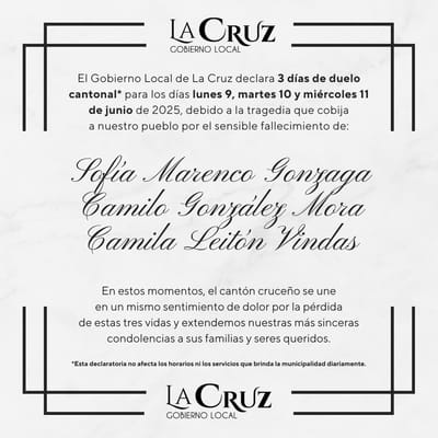 Municipalidad de La Cruz decreta 3 días de duelo cantonal por muerte de estudiantes en accidente
