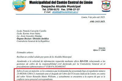 Exctracto del oficio enviado por Ana Matarrita McCalla, alcaldesa de Limón, a la CGR, en referencia al proceso judicial instaurado. Captura CRH