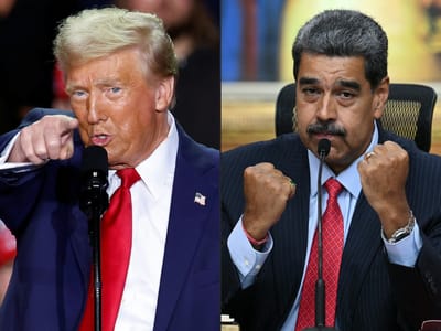 Esta combinación de imágenes, creada el 7 de agosto de 2025, muestra al presidente estadounidense Donald Trump (izq.) en Grand Rapids, Michigan, el 5 de noviembre de 2024, y al presidente venezolano Nicolás Maduro (der.) en Caracas, el 31 de julio de 2024. El 18 de agosto de 2025, Nicolás Maduro anunció que desplegaría 4,5 millones de milicianos en respuesta a las amenazas estadounidenses, después de que Washington aumentara la recompensa por su arresto y lanzara operaciones antidrogas en el Caribe.