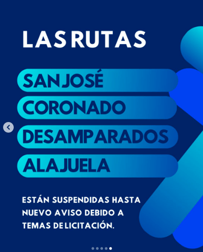 El pasado 28 de julio el TEC anunció a través de sus redes sociales que las rutas de San José, Coronado, Desamparados y Alajuela se encuentran suspendidos