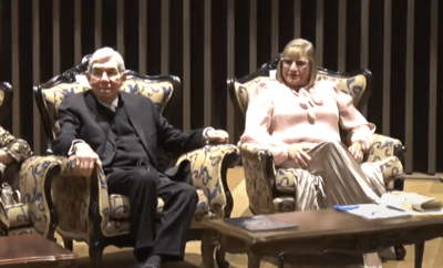 Óscar Arias, expresidente de la República, y María Isabel Camareno, en una actividad realizada en diciembre de 2022. Captura de pantalla/YouTube