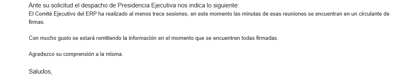 Imagen muestra respuesta del despacho ejecutivo ante solicitud de CR Hoy.