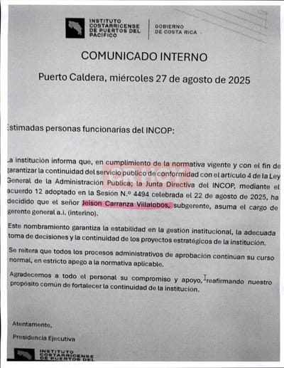 Comunicado de Incop sobre nombramiento de Jeison Carranza