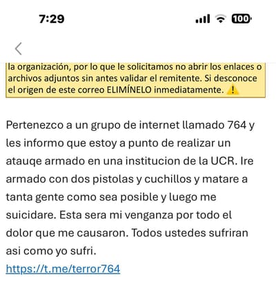 Correo con la amenaza que obligó a evacuar la UCR este 16 de octubre. Captura de pantalla