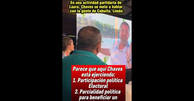 Video del presidente Chaves difundido en un acto oficial de campaña de Laura Fernández, el pasado 22 de noviembre en Cahuita, Talamanca de Limón. Captura de pantalla