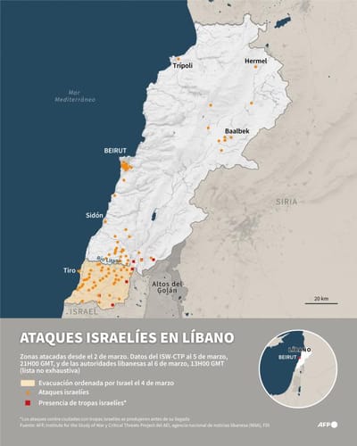Mapa del Líbano que muestra las áreas bombardeadas por Israel desde el 2 de marzo de 2026, con datos no exhaustivos de ISW-CPT al 6 de marzo a las 21H00 GMT, y de las autoridades libanesas al 6 de marzo a las 13H00 GMT, más la zona con orden de evacuación israelí al sur del río Litani y ciudades con presencia de tropas israelíes (Infografía de AFP)