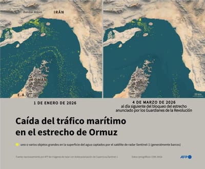 Mapas del estrecho de Ormuz, que localizan objetos flotantes (generalmente barcos) detectados por el satélite radar Sentinel-1, antes y después del anuncio del bloqueo del estrecho por parte de los Guardianes de la Revolución de Irán, según un análisis de AFP (Infografía de Valentin RAKOVSKY y Julie PEREIRA / AFP)