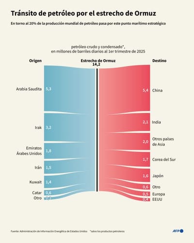 Infografía con el tránsito de petróleo a través del estrecho de Ormuz (Oriente Medio) por país de origen y de destino durante el primer trimestre de 2025, a partir de los datos de la Administración de Información Energética de Estados Unidos (Infografía de Jonathan WALTER y Valentina BRESCHI / AFP)