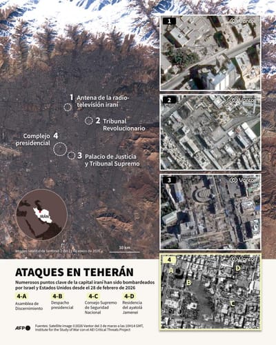 Mapa de Teherán, capital de Irán, mostrando con imágenes por satélite los puntos clave bombardeados entre el 28 de febrero y el 3 de marzo de 2026, a partir de las imágenes de Vantor (Infografía de Pauline PAILLASSA y Valentina BRESCHI / AFP)