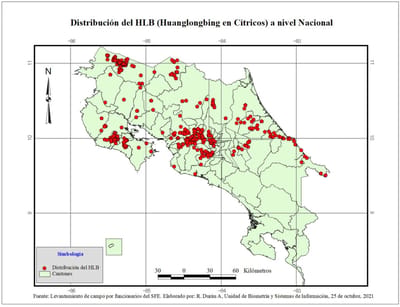 Distribución del Huanglongbing (HLB) en Costa Rica