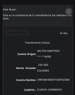 Comprobante enviado por el estafador.