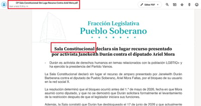 Comunicado que emitió el PPSO a eso de las 5:26 p.m., horas después de querellar a varios magistrados de la Sala IV. Captura de pantalla