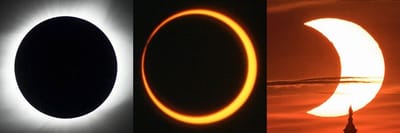 De izquierda a derecha, estas imágenes muestran un eclipse solar total, un eclipse solar anular y un eclipse solar parcial. Un eclipse híbrido se presenta como un eclipse total o anular (las imágenes de la izquierda y del centro), dependiendo de la ubicación del observador.Créditos: Eclipse total (izquierda): NASA/MSFC/Joseph Matus; eclipse anular (centro): NASA/Bill Dunford; eclipse parcial (derecha): NASA/Bill Ingalls