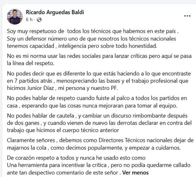 Publicación que hizo Ricardo Arguedas en Facebook. Captura de pantalla