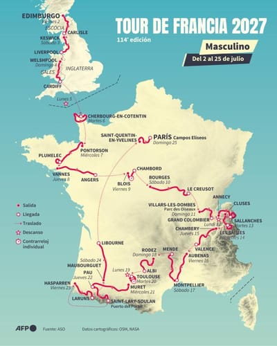 Mapa con el recorrido general del Tour de Francia 2027 masculino, con las 21 etapas que se disputan del 2 al 25 de julio (Infografía de Valentin RAKOVSKY y Sabrina BLANCHARD / AFP)