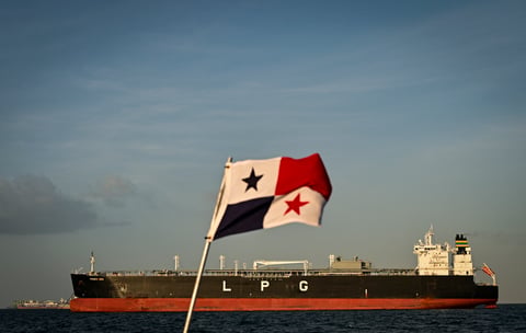 A cargo ship LPG waits before entering the Panama Canal in Panama City on August 8, 2026. (Photo by MARTIN BERNETTI / AFP)