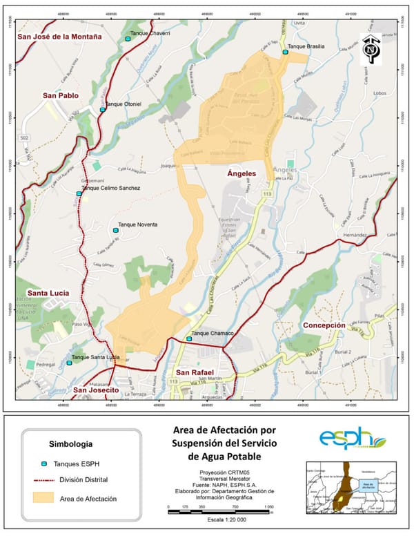 Zonas afectadas por la suspención de agua por el lavado del tanque de Braislia. ESPH.&nbsp;