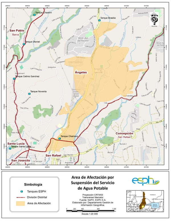Zonas afectadas por la suspención de agua por el lavado de la planta portabilizadora de Río Segundo. ESPH.
