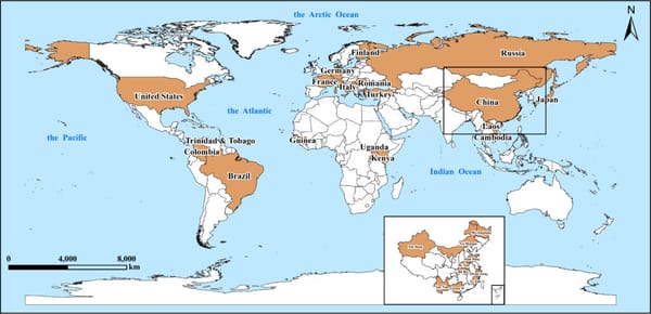 Mapa de la distribución mundial del JMTV entre 2014 y 2023. Zhen Wu et al. (2023).