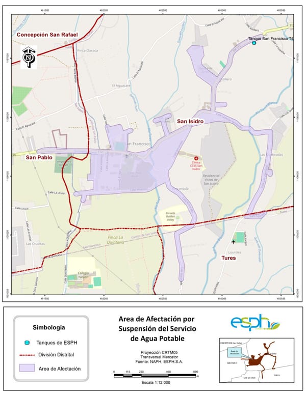 Zonas afectadas por la suspeción de agua el 21 de julio. ESPH. 