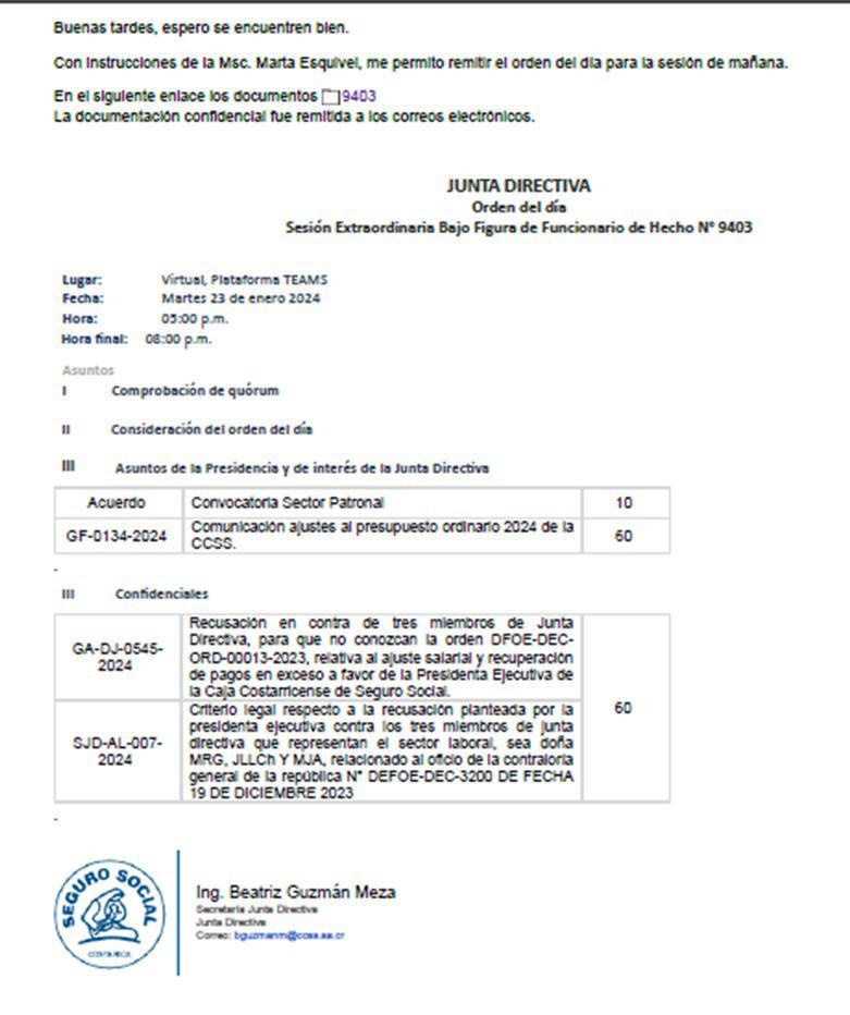 Correo enviado a los directivos